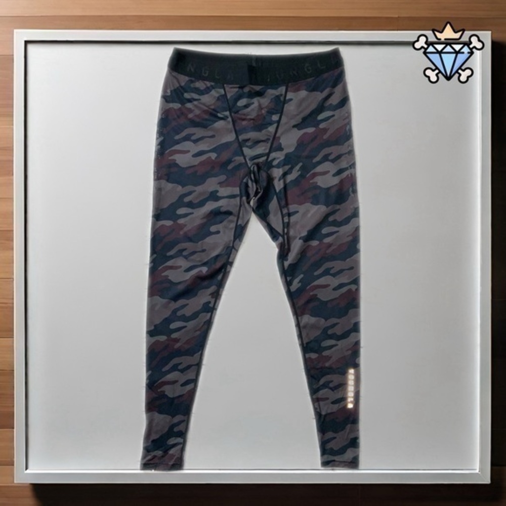 YOUNG LA MENS CAMO PRINT REFLECTIVE LOGO COMPRESSION PANTS SIZE SMALL ACTIVE